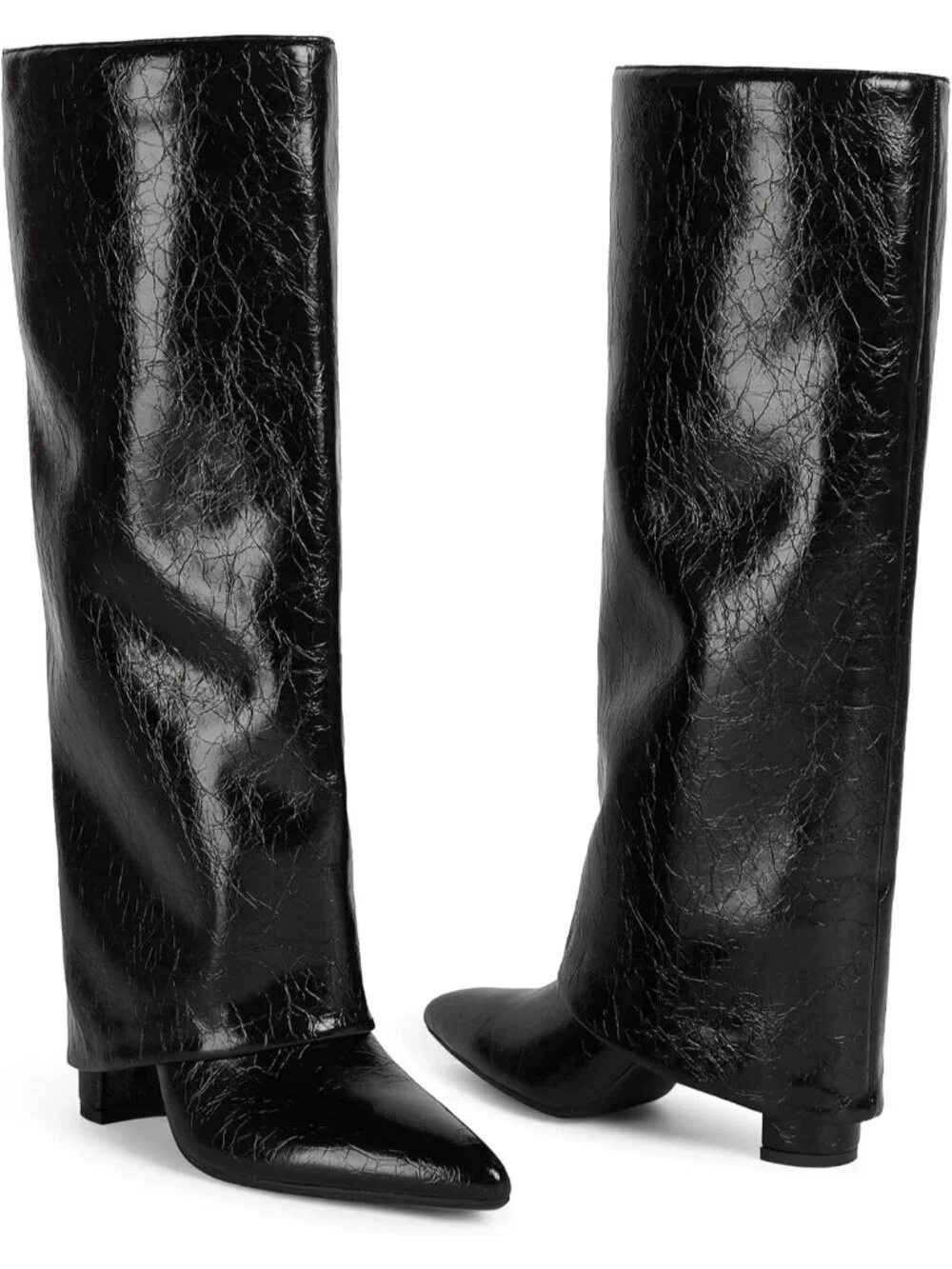 Women's Black Pointed Toe Chunky Heel Faux Leather Over The Knee Boots